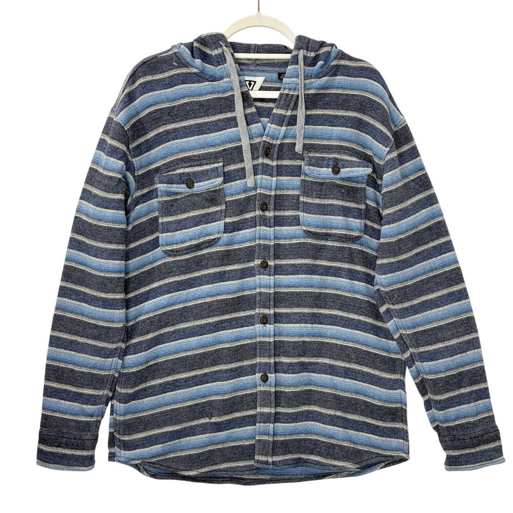 Vissla Size L Pumphouse Flannel Hooded Shirt Button Up Blue Stripe Surf Hoodie